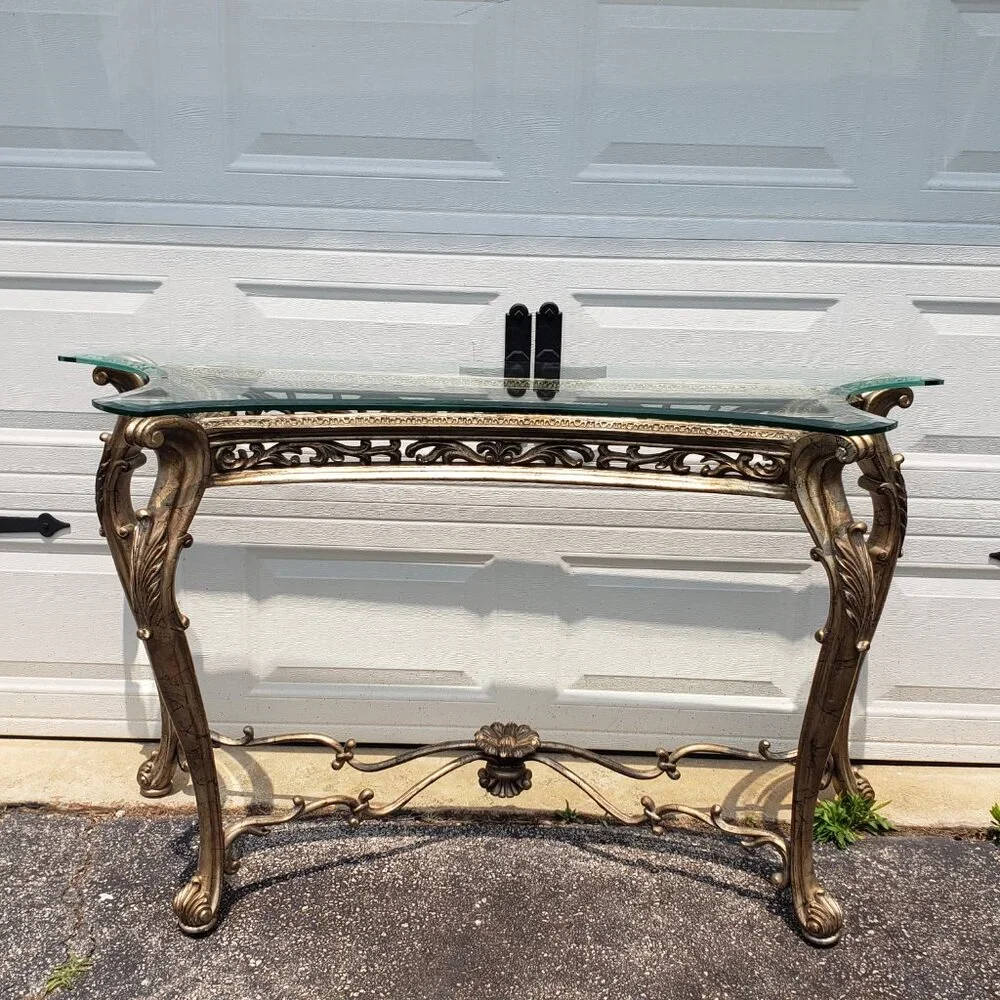 Luxury Console & Mirror Set – Beveled Glass & Gold Leaf Accents Sale: $1550